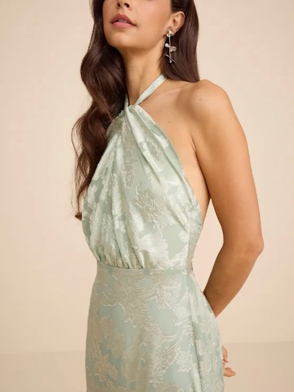 Lulu's Indra Sage Jacquard Halter Maxi Dress